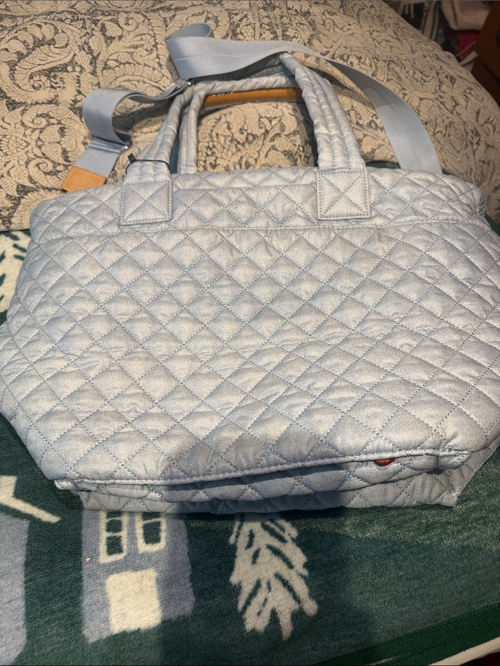 MZ Wallace Quilted Tote in Light Blue with Tan Handle Accent - Picture 3 of 4